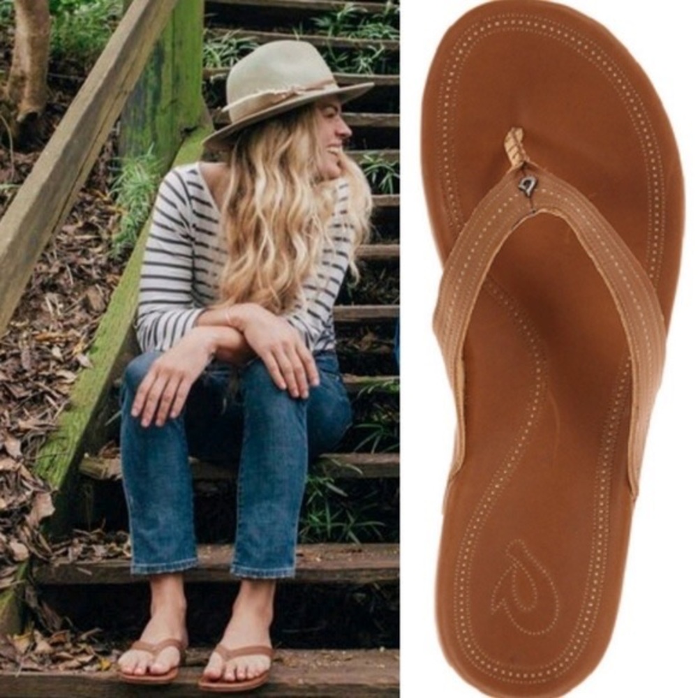 Olukai Women's Sz 7 Caramel Brown Leather Comfort Wana Flip Flop Thong Sandals